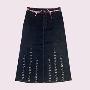 Ashley Stewart Dark Indigo Denim Midi Skirt with Pink Ribbon